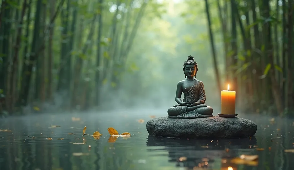 A serene scene featuring a meditating Buddha statue, positioned on a smooth, dark rock partially submerged in tranquil water. The statue is made of stone, displaying intricate details, with the Buddha seated in a lotus pose, eyes closed in deep meditation....