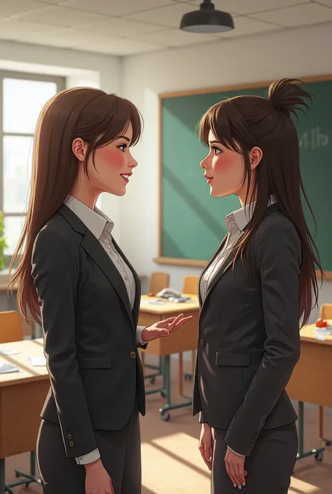 Two women talking in a classroom 