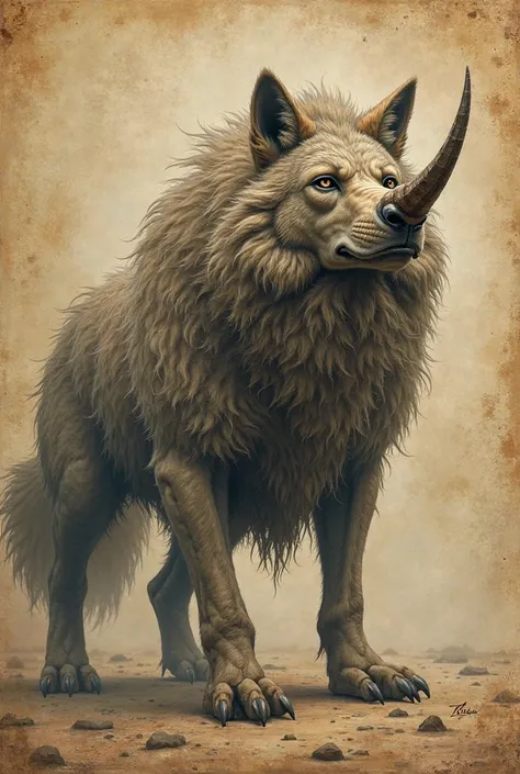 An image of slime that looks like old-style book drawings. A wolf with extremely thick fur but a strong appearance and he have a one big horn like a rhino