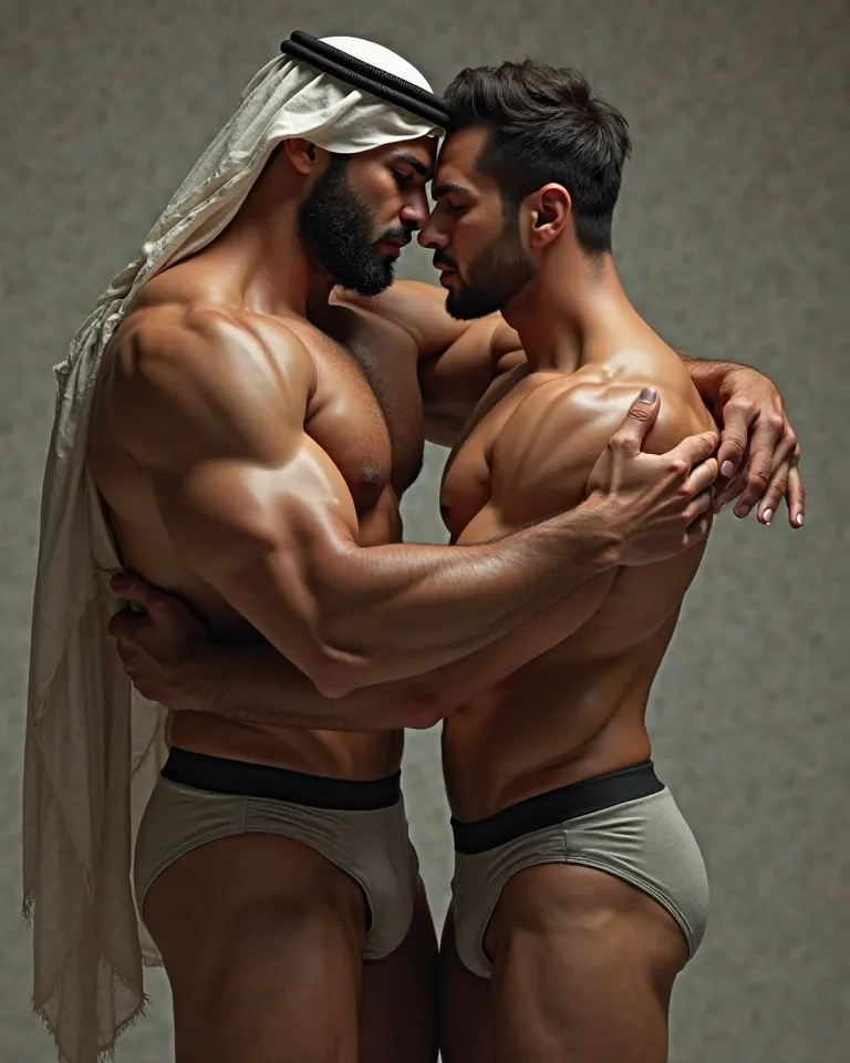 Two strong,  men standing kissing hugging each other in their underwear and with both handsome  Arab man In it the Arab man wears a Ghutrah on his head over their