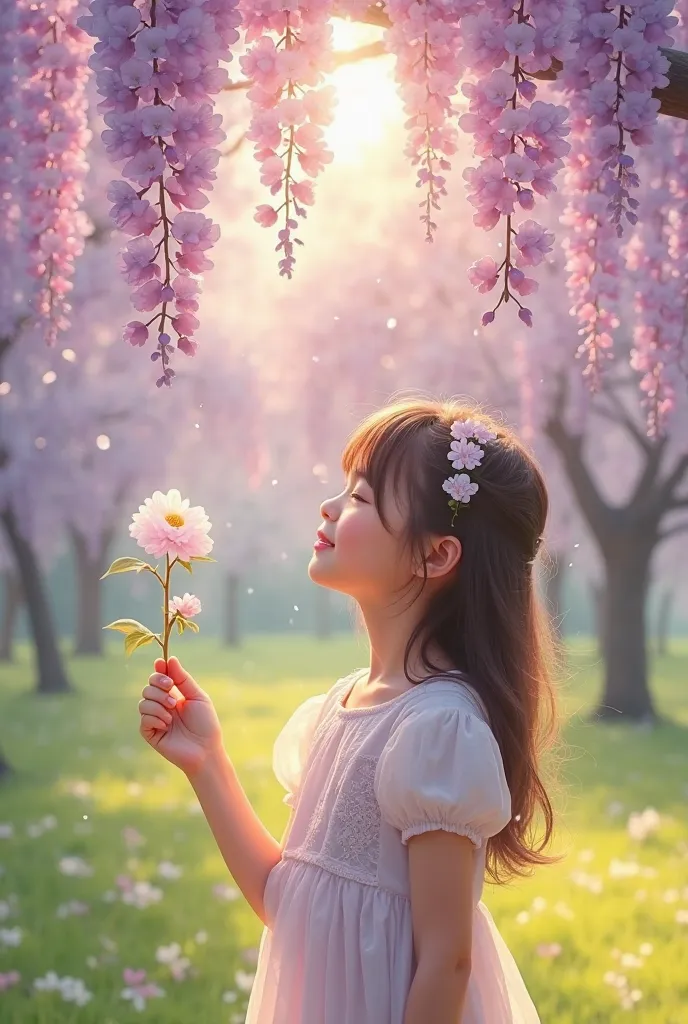 A springtime blossoming landscape, where a young girl stands dreamily under a wisteria tree. In her delicate hand, she holds a fresh wisteria flower, smiling softly and enjoying the subtle fragrance of the blossoms. Sunlight filters through the tree branch...