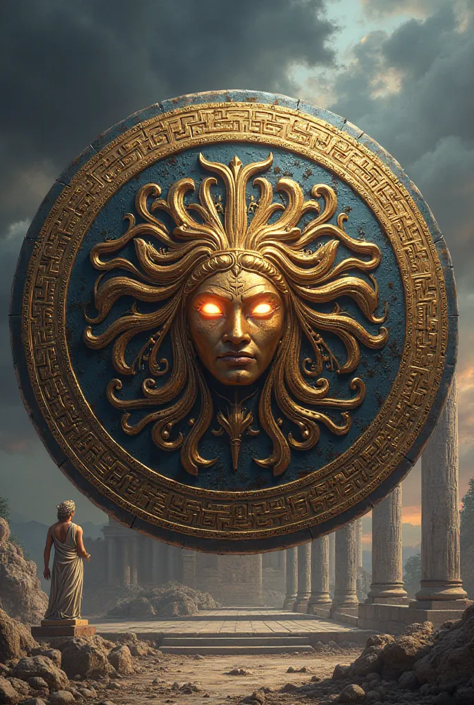 A majestic and powerful shield from Greek mythology, forged in ancient bronze with a golden glow. The shield is round, Large and impressive , with a central relief showing the head of the Gorgon Medusa,  Its eyes shine with a supernatural glow , as if it c...