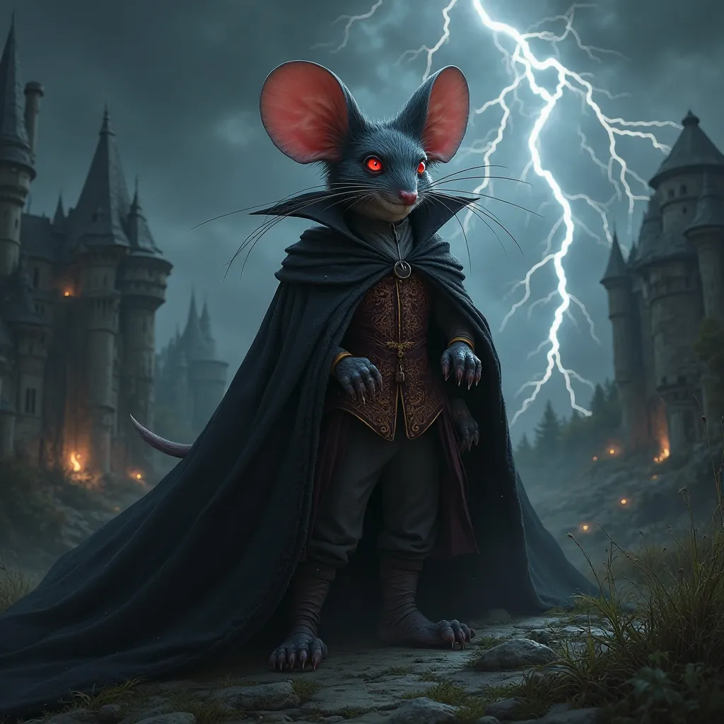 Vampire mouse  dressed in typical vampire clothing, vlad Dracula with an old time horror feel. Gothic background with a lightening storm in the sky