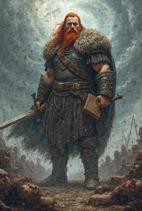 In the background that this is the word NORMAN2, and that the main image is a red-haired Viking with a bible in his hand and that he is stepping on people
