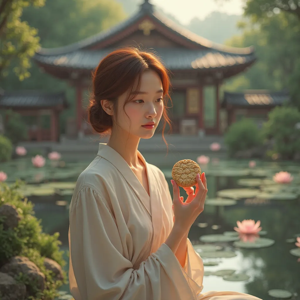 Chestnut woman with a cookie at mine and a zen temple behind and lotus