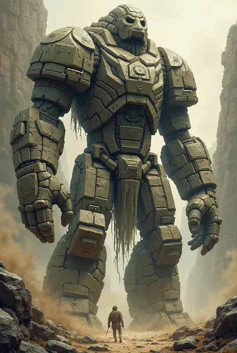 An image that looks like old-style book drawings. A large golem made of stone, its outside is made of rocks, its inside is mud