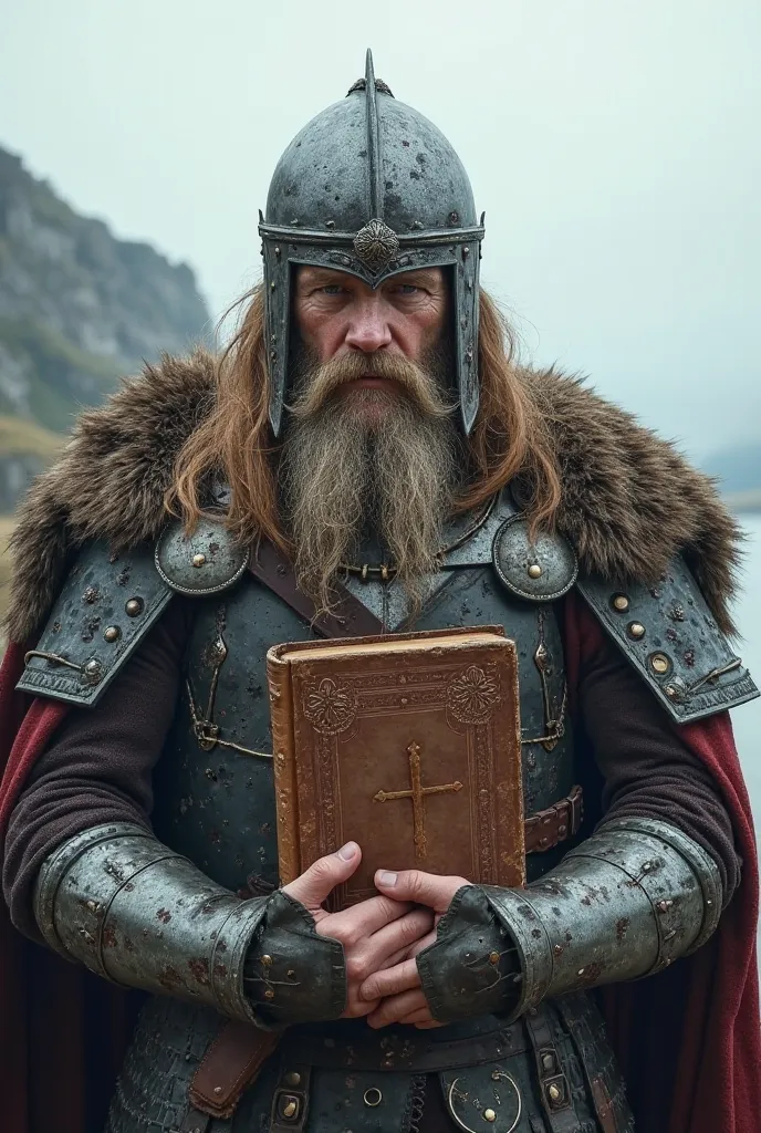 A Viking with an epic helmet damaged by battle and with a big bible in his hand