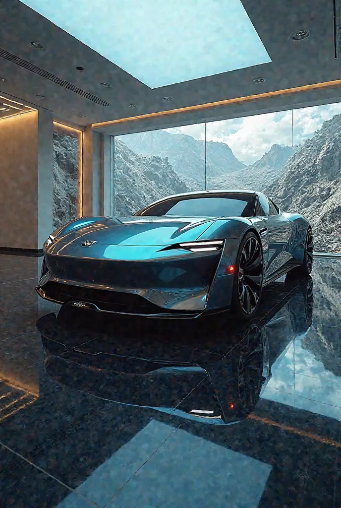 A showroom displaying a sleek, futuristic electric car. However, in the car’s reflection, there’s a haunting image of a dangerous cobalt mine filled with struggling  workers.