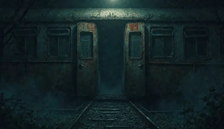 Anime style illustration of a first-person perspective (POV) of an eerie, abandoned Japanese train at midnight. The camera is slowly approaching the old, rusted train door, which is covered in grime and faintly illuminated by the flickering station lights....