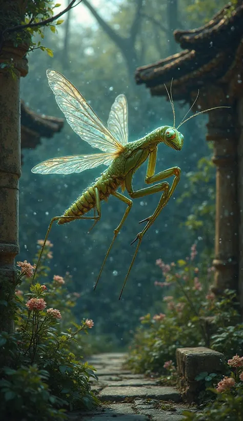 Combine pleasant shapes of a firefly and a mantis with the dark background of a beautiful garden. realistic style 