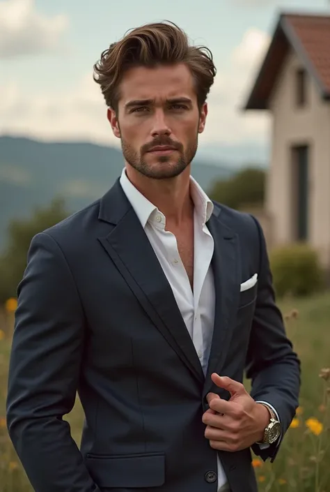 Create an ultra-realistic image of a young and handsome male man, who wears the elegant and characteristic clothes of someone who is a millionaire but who has different clothes and different colors that combine and contrast well and who poses for a photogr...