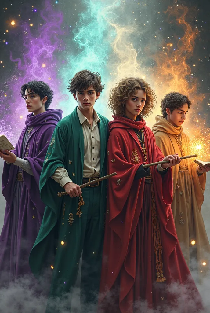 Four men in their twenties wearing different kinds of clothes to represent their wizard house. There is four houses like in Harry Potter but instead of the original houses the new houses are Nightclover, Jadepetal, Sunpine, and Barkfrost. Nightclover’s col...