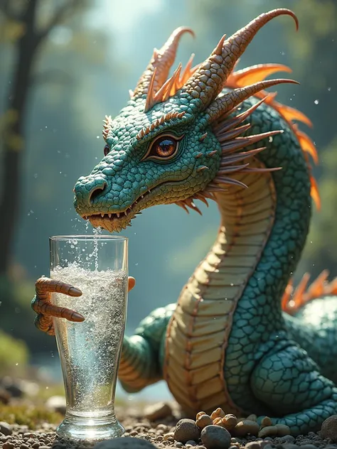 A dragon drinking a glass of effervescent water