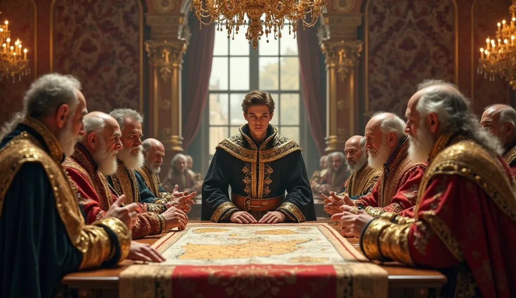 *"A hyper-realistic, cinematic scene set in the grand royal palace of Spain, where a young Prince Philip II has been appointed regent of Spain by his father, Emperor Charles V. The grand hall is bathed in the rich golden glow of large chandeliers, with cri...