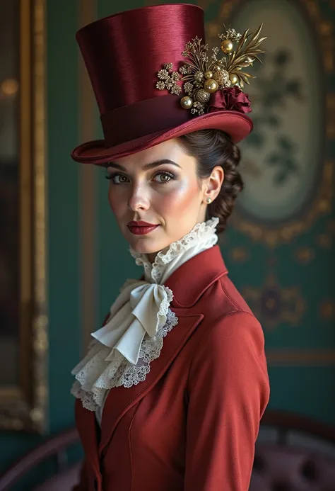 Very beautiful young woman wearing a British costume and a top hat.