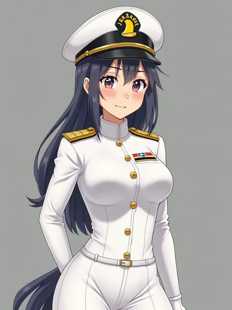 Serena Tsukino, wearing a white tight-fitting uniform and white tight-fitting military pants She wears，There is a striking yellow moon on the hat，Gold shoulder and collar badges。Navy anchor logo on the right chest。Highlight the sexy and plump figure of fem...