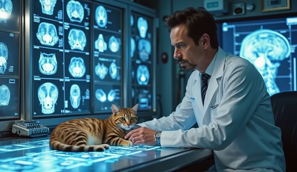 "A hyper-detailed shot inside Iron Man’s high-tech lab. The cat lies on a sleek metallic table, surrounded by holographic medical scans. Tony Stark (without his suit) analyzes the data, his face serious but compassionate. The lab is filled with advanced ga...