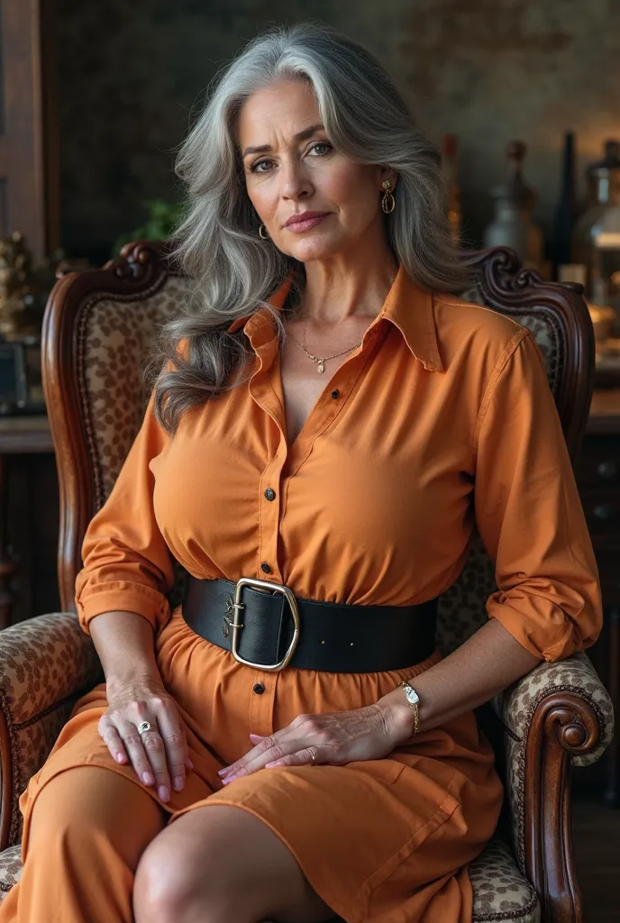 a beautiful matronly woman SITTING ON A CHAIR ,serious look, with abnormally huge round breasts, (((normal body))), vibrant flare skirt shirtwaist dress, long gray hair, realistic profile view, looking directly at the camera, her breasts are huge, bulging,...