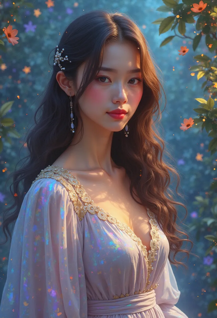 Art of a hyperrealist woman influenced by classical oil painting and baroque art, but with a modern and softened hyper-realistic. young and beautiful, wearing a long and modest dress with ethereal details. The iridescent fabric reflects lights in shades of...