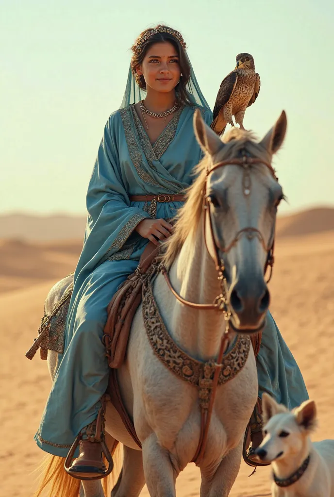 Full body cinematic detailed portrait of a 6th century AD Arab girl in a sandy desert, wearing a traditional blue silk Arabian dress, with beautiful captivating eyes, a beautiful detailed smiling face, riding a purebred grey horse with a peregrine falcon o...