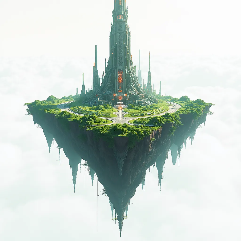 A floating island with a huge arcane tower at it's center, cyberpunk, white background