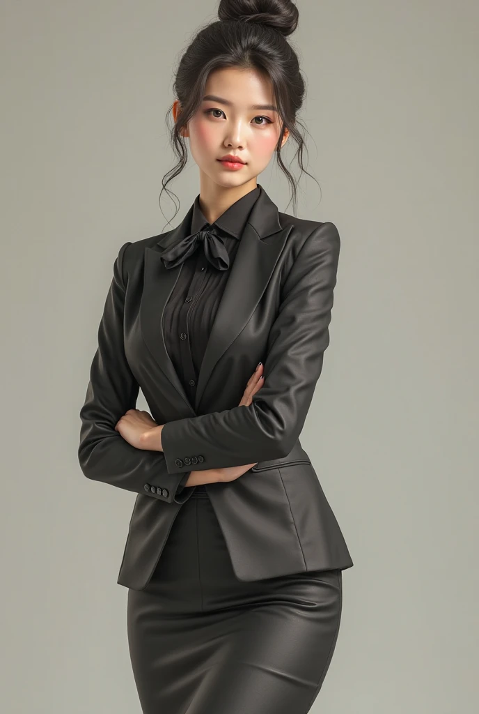 (photorealism:1.2), young woman, hair in a bun, wearing a skirt suit, ribbon tie and 5-inch ankle strap stiletto pumps