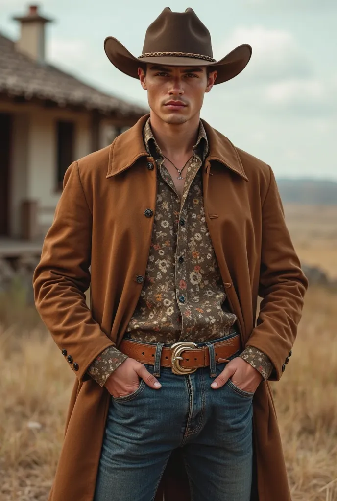 Create an ultra-realistic image of a young and handsome male man, who wears the elegant and characteristic clothing of someone millionaire with a cowboy style but who has different clothes and different colors that combine and contrast well and who poses f...