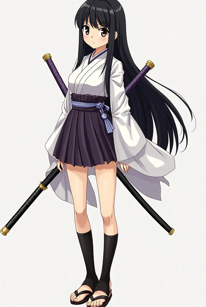 The image shows a young anime-style swordswoman, with long straight black hair up to the waist and a fringe that frames her face. Has big eyes and dark brown, with a serious and composed expression. She wears an outfit inspired by the Japanese tradition: a...