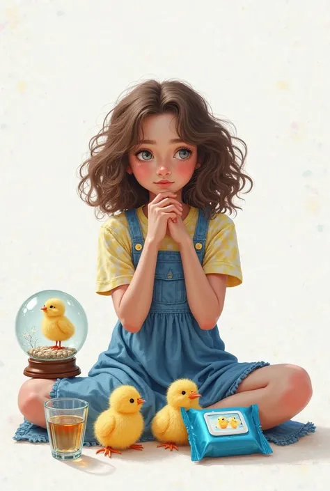 Blue denim dress, blue wipes, yellow pajamas with chicks, glass and snow globe next to her. The girl is 18 years old and her curly hair hides her face. background white .