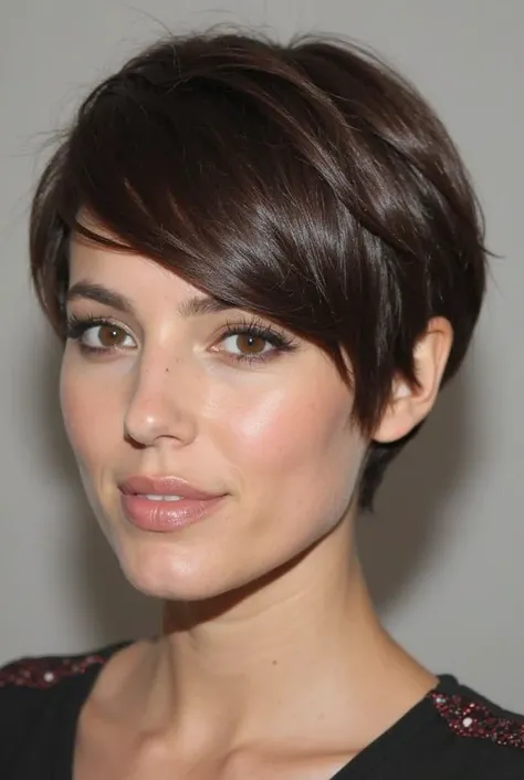 Here is a detailed description of the hairstyle that you can leave to your hairdresser see:

Kleur &  height : Dark brown hair, cut short with an elegant, layered finish.

Back: Trimmed and gently flowing upwards for a neat, well-groomed look.

Also the:

...