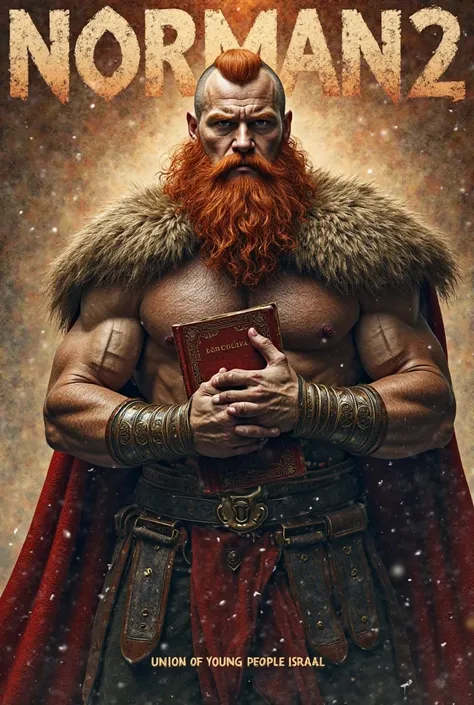 A background that shows the letters NORMAN2, and that the main character in front of those words is a muscular red-haired Viking clutching a bible and at the bottom that says "UNION OF YOUNG PEOPLE ISRAEL"