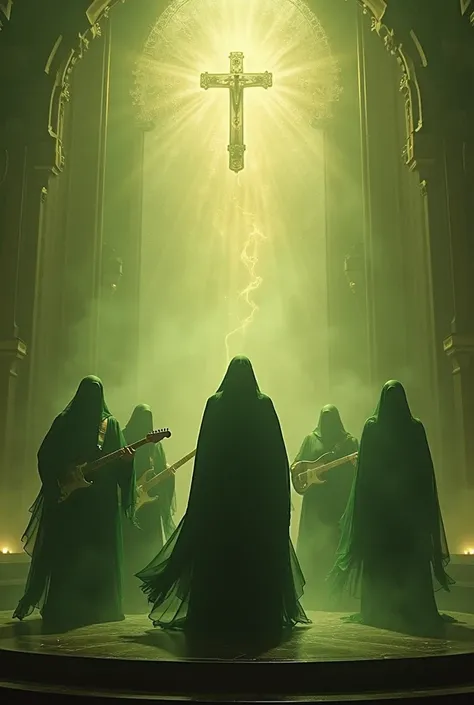 Group religious band dressed in dark green and cloaked in an epic atmosphere on a stage that has radiant positive energy
! 1. Guitarist and Vocalist
2. Bassist
3. Drums
4. The Organ
5. Violin
6. Sounds system
7. Lighting