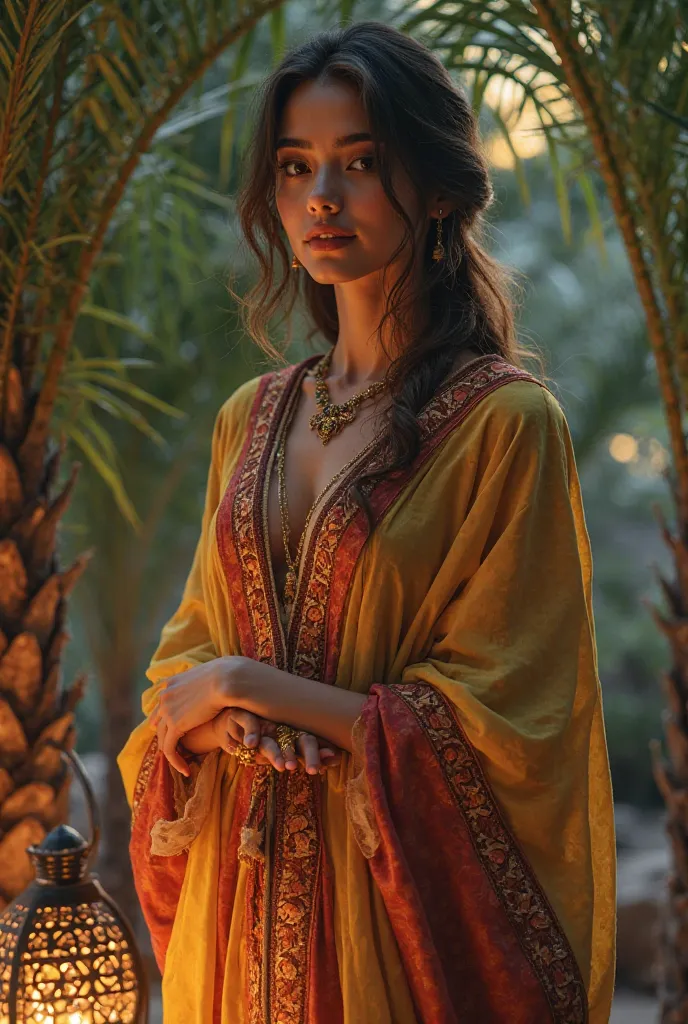 I want my friend to wear the Arabic dress together with a palm and a lamp
