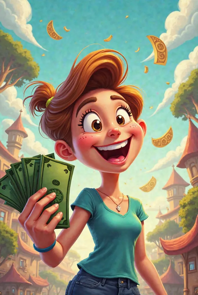 a happy  with money in his hand on a cartoon background