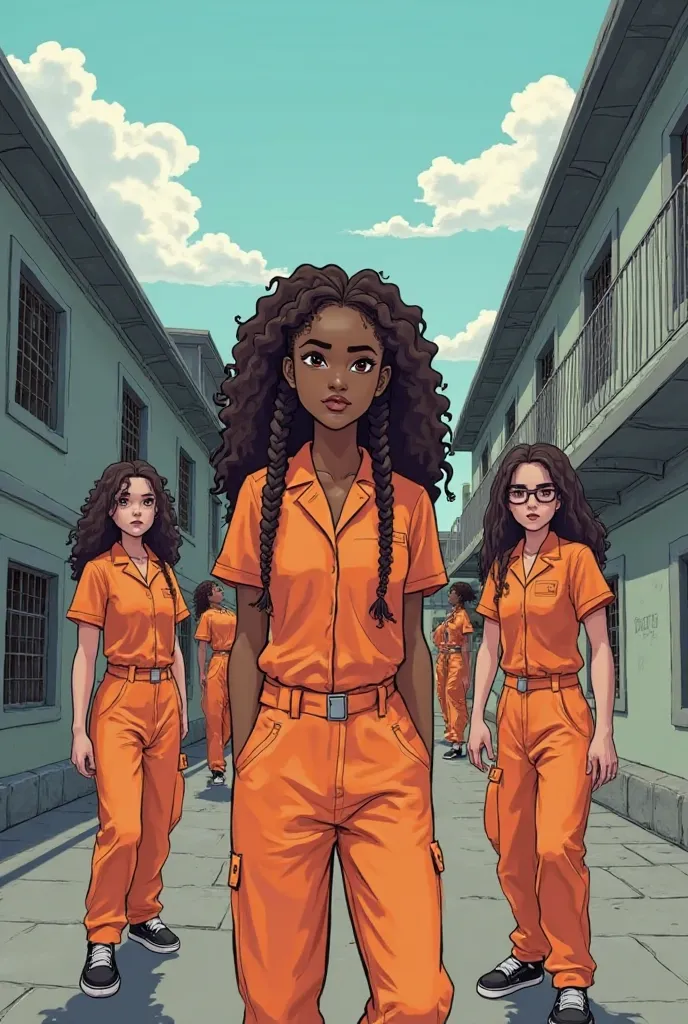 Create a cartoon image in the courtyard of a prison. In the center there is the boss of the inmates or an African American with long pigtails, she is a badass girl, Her name is Clari. On his left, always in the foreground there is another inmate, GRETA, eu...