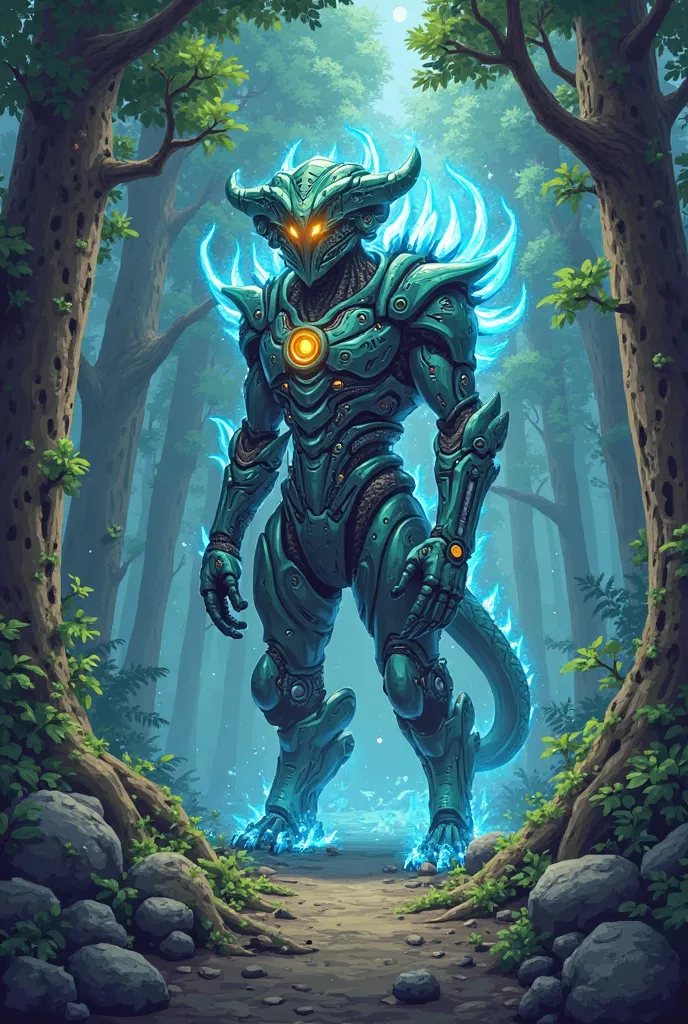 Design a hybrid creature of biotechnology and ancient energy, inhabitant of a corrupted utopian forest.  The beast must show mechanical and organic elements fused with visible magical energy.  Forest background with advanced technology and ancient ruins. T...