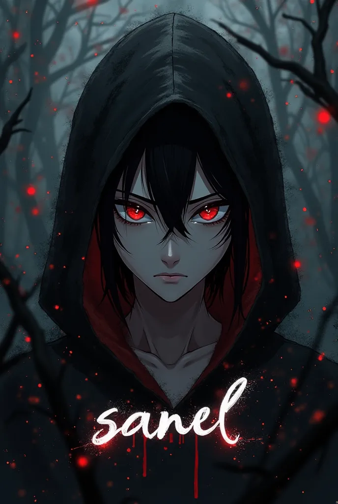 banner with my nickname "Sanel" with  anime character in dark theme