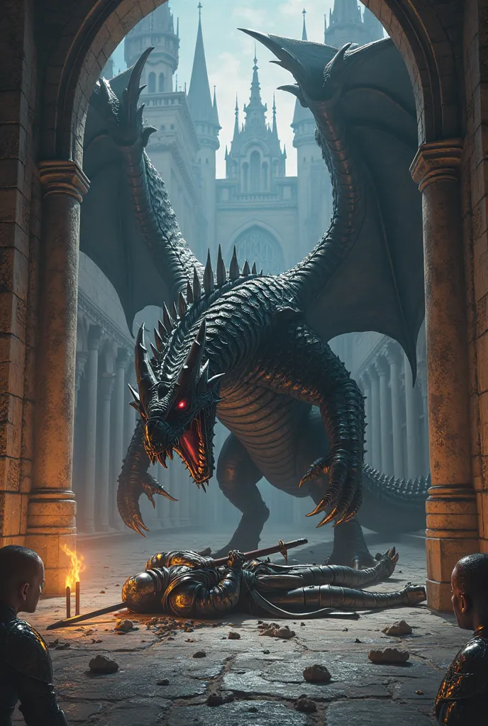 An image where a black dragon is eating a knight inside a castle 