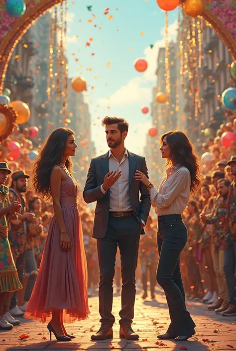 a man and two women talking in the middle of a parade