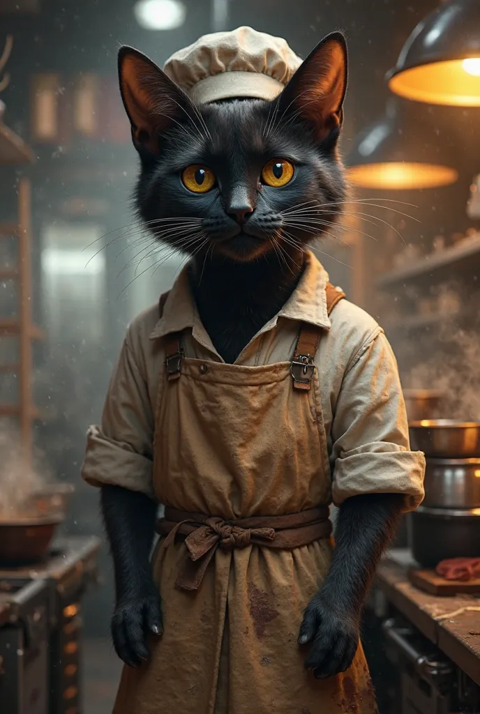 An adult human black cat wearing poor clothes works in the assistant chef restaurant