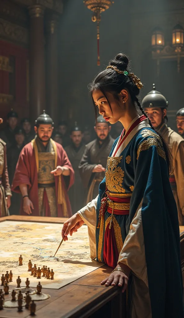 "A hyper-realistic image of Queen Seondeok of Silla standing before a massive war map, analyzing enemy movements with her military commanders, fully dressed in historically accurate 7th-century Korean royal attire. She wears a deep indigo and gold hanbok, ...