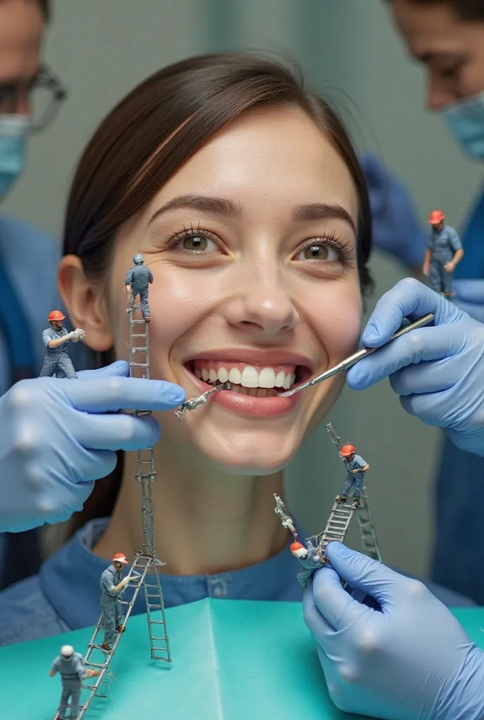 "A photorealistic image of a smiling young woman receiving dental care from tiny workers. The workers, dressed in blue overalls, are meticulously working on her teeth, using dental drills, polishers, and brushes. Some workers are climbing ladders and ropes...