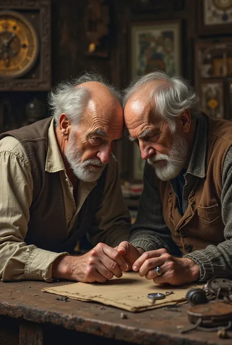 An older Leo visiting Elias, now much older and frail. They sit together in the workshop, listening to the rhythmic ticking of the grand clock. The pocket watch rests on the table between them, symbolizing the enduring power of time and wisdom.