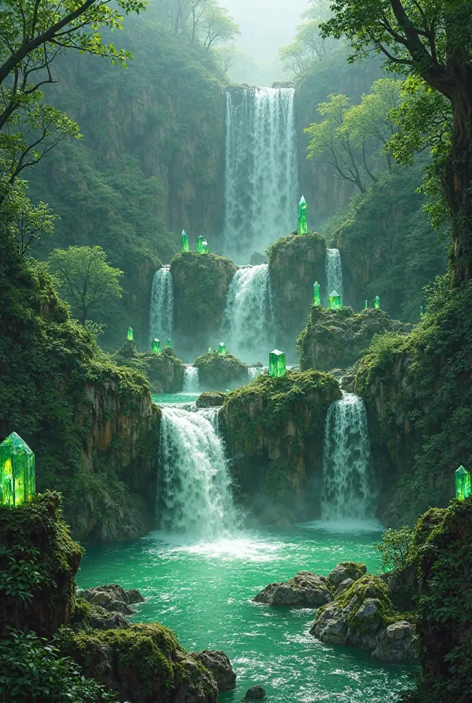 7 waterfalls and lots of green crystals around 