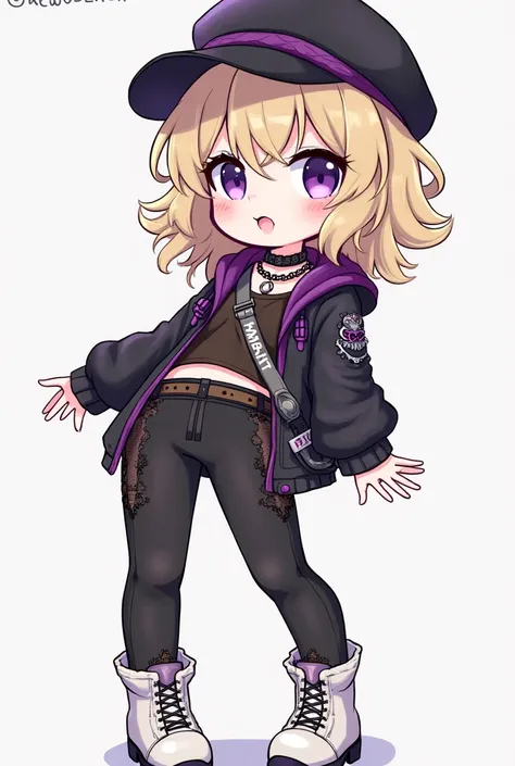 A female Kawaii character with white skin, big purple eyes, lips painted with lilac, and purple eye shadow.   has wavy blonde hair , Medium Short. She wears tight black pants with lace details and a strap with the word 'MASTER'.  A black t-shirt with brown...