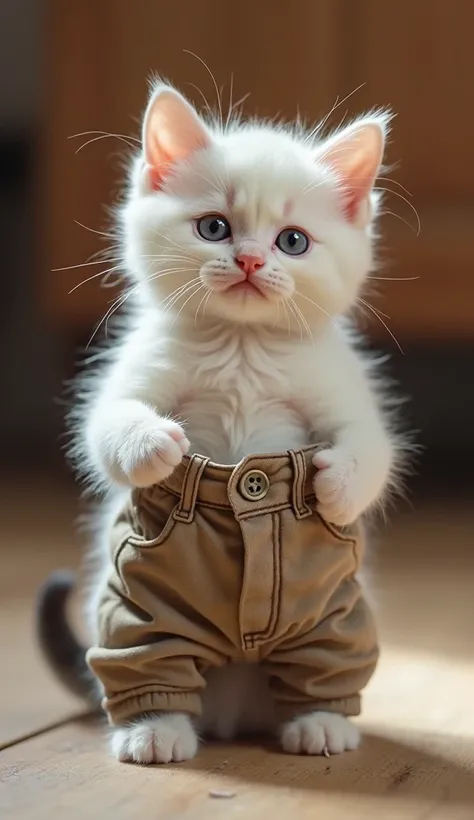 「a kitten with realistic white fur、The kitten is trying to put on a pair of small trousers。its plump stomach stands out firmly、and is trying to fasten the buttons on the pants、the size doesn't fit and can't be fastened。The kitten has a troubled expression ...