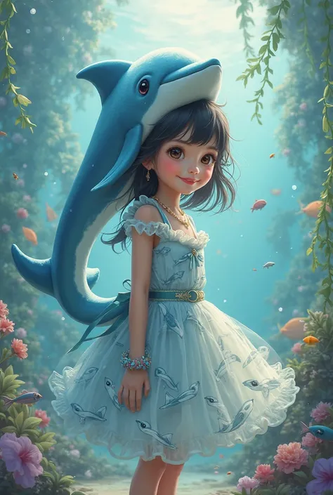 Girl in dolphin dress with dolphin hat wearing dolphin high heels