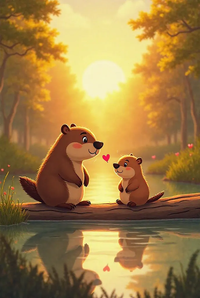 Prompt:
“A charming beaver stands on the riverbank in a sunny forest. He notices a log floating down the water, with a cute female beaver sitting on it. Their eyes meet, and small hearts appear around them. The scene is warm and romantic, with the golden s...