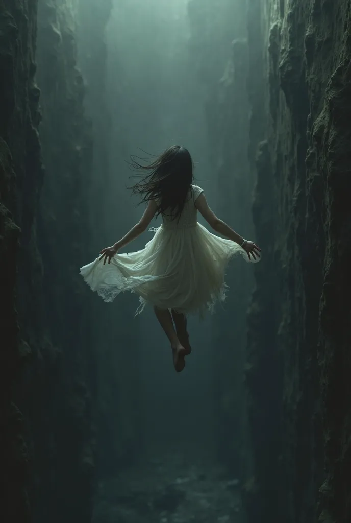 girl falling into the abyss with a torn dress on her back