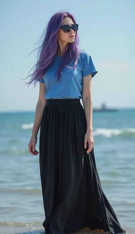 live action
female
Adult
26 years old
Black sunglasses
black sunglasses
purple hair
long hair
blue t-shirt
black skirt
long skirt
Mermaid long skirt
Covered legs with long skirt
Covered feets with long skirt